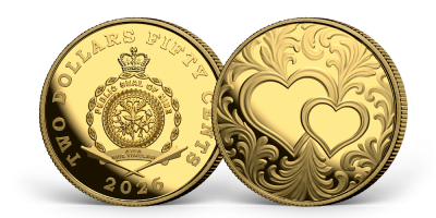 Színarany érme összefonódó szívekkel 