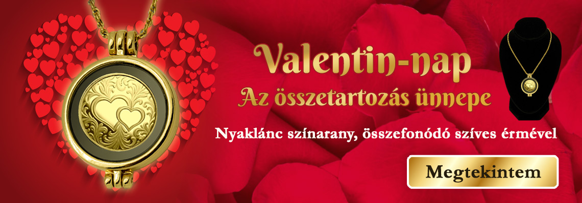 Színarany érme összefonódó szívekkel nyakláncon