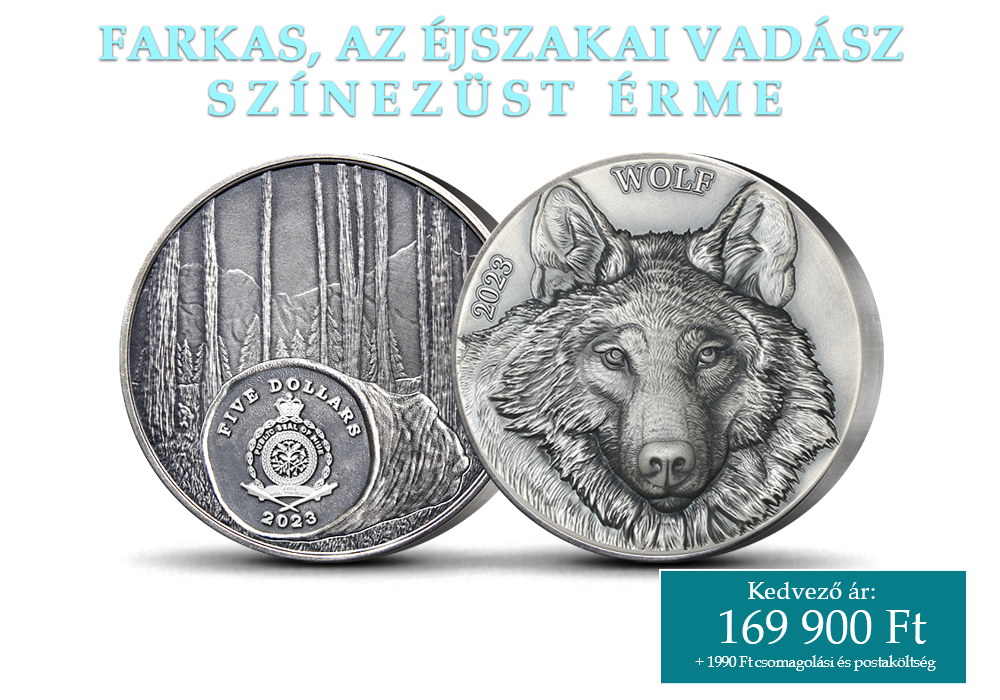 Színezezüst érme UV-hatással az éjszakai erdei állatról, a farkasról