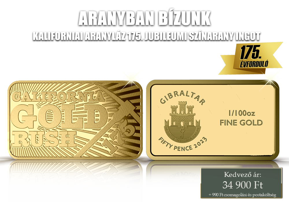 Színarany ingot érme a kaliforniai aranyláz 175. évfordulójára
