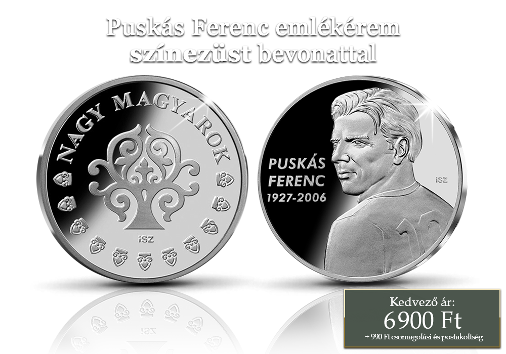 Puskás Ferenc színezüsttel bevont érmen