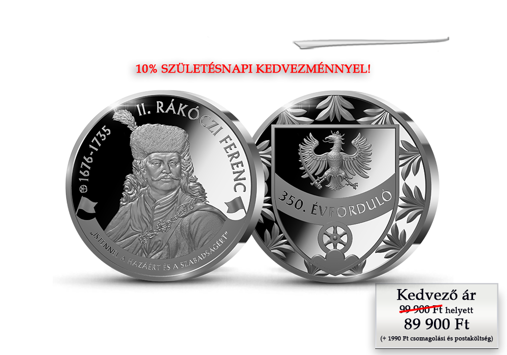 II. R&aacute;k&oacute;czi Ferenc, a szabads&aacute;gharc vez&eacute;re 1 unci&aacute;s sz&iacute;nez&uuml;st &eacute;rem d&iacute;szdobozban