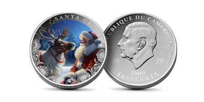 A Mikulás és Rudolf, a rénszarvas 1 unciás színezüst érme 