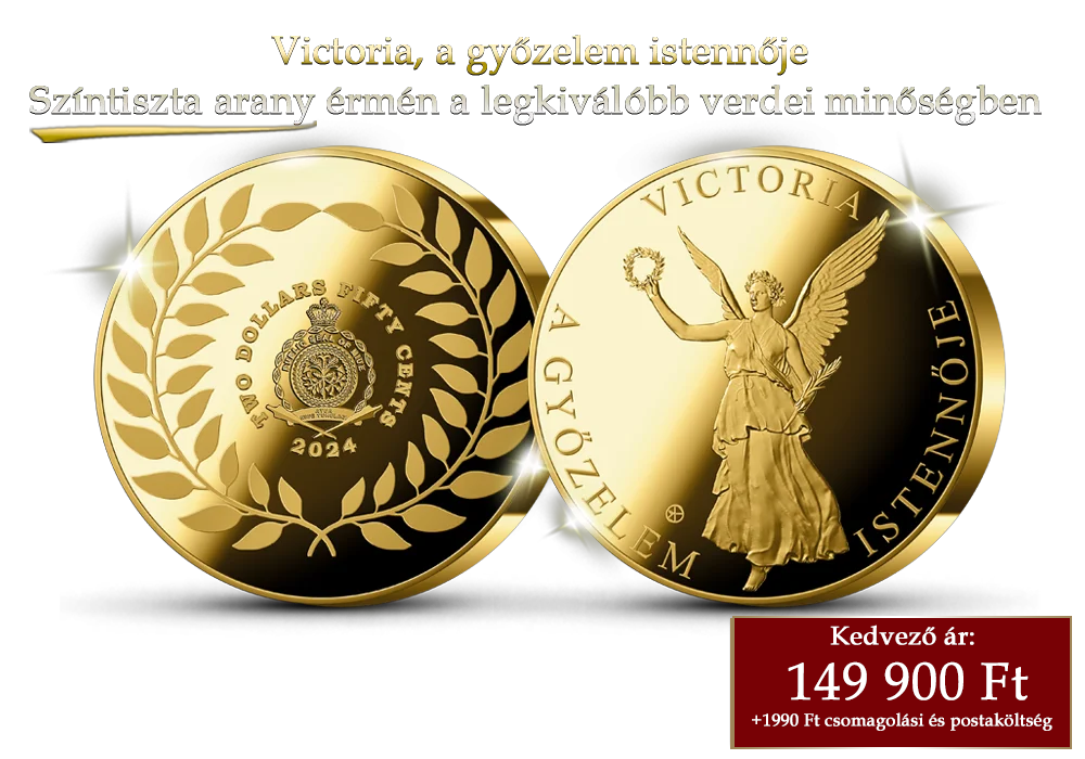A győzelem istennője sz&iacute;ntiszta aranyb&oacute;l k&eacute;sz&uuml;lt eml&eacute;k&eacute;rm&eacute;n