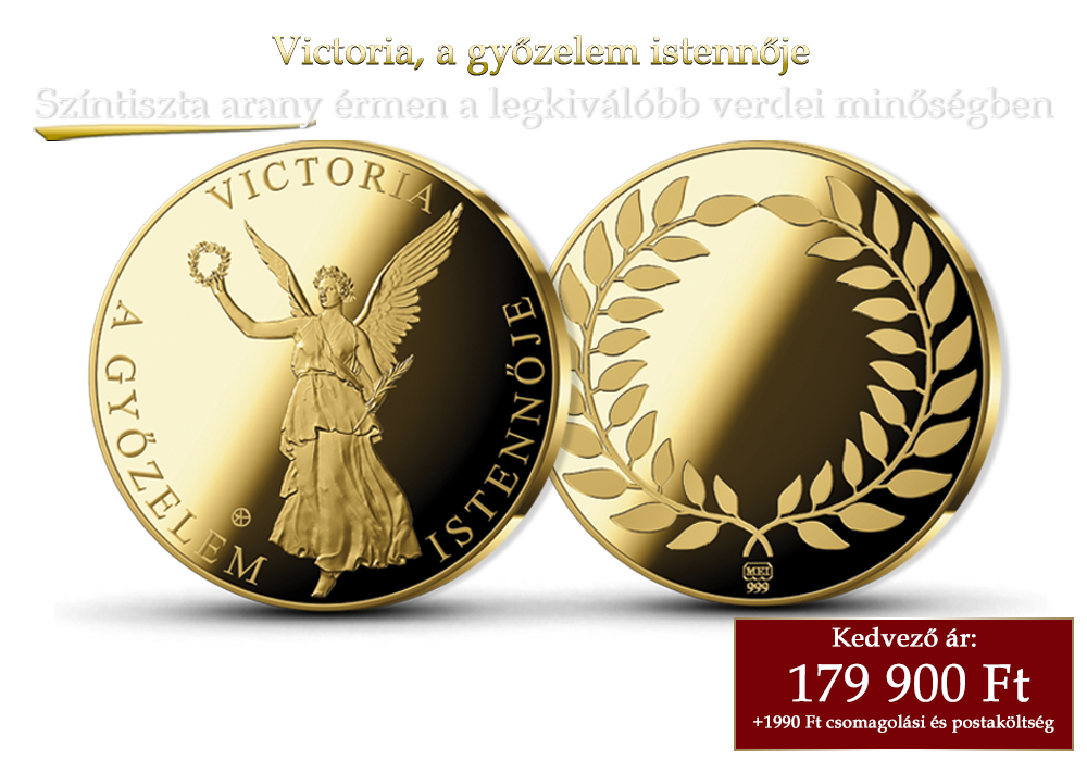 A győzelem istennője sz&iacute;ntiszta aranyb&oacute;l k&eacute;sz&uuml;lt eml&eacute;k&eacute;rmen